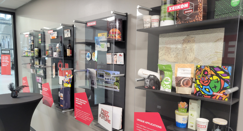 Samples of materials printed with Xeikon digital technology.